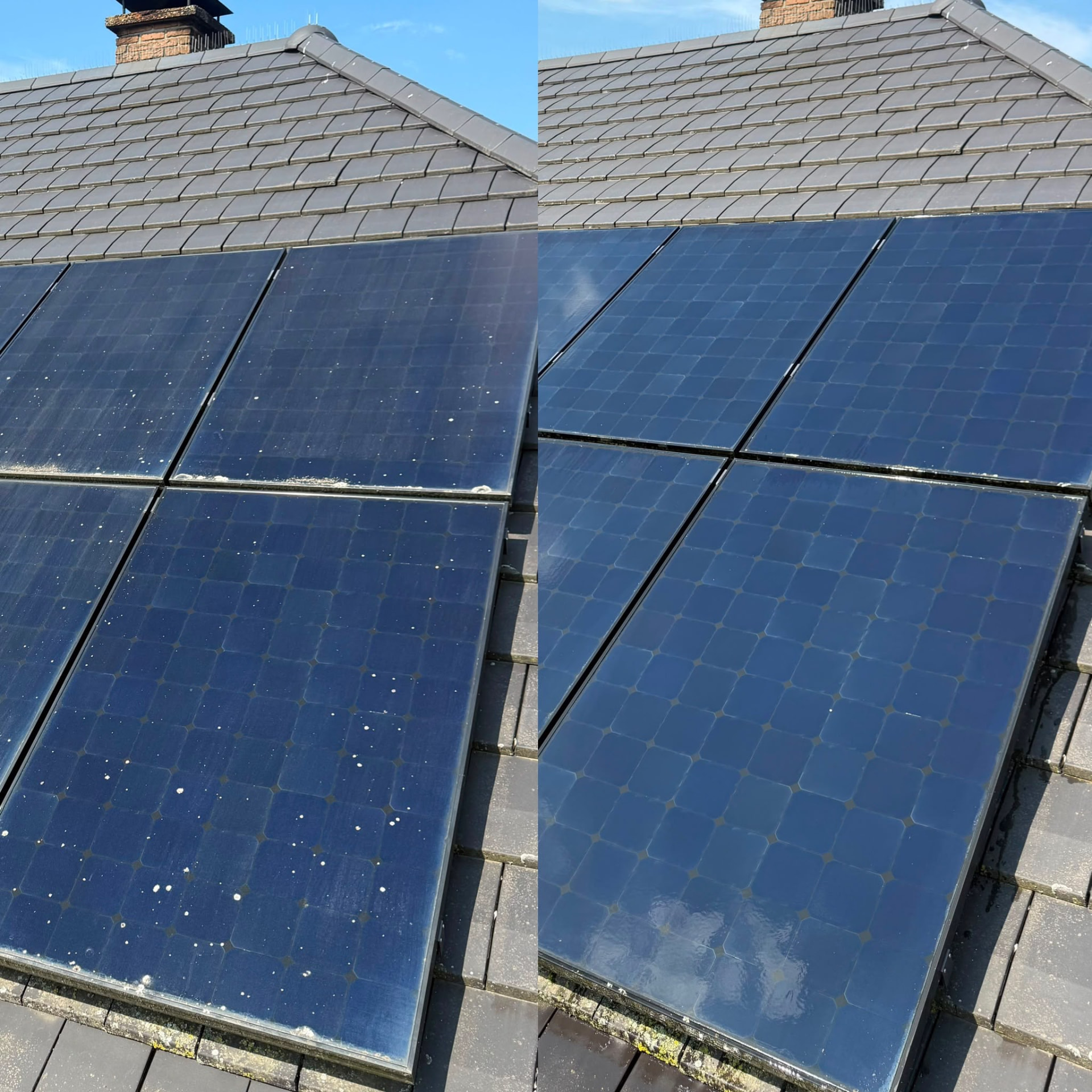 Zonnepanelen voor (links) en na (rechts) de reiniging