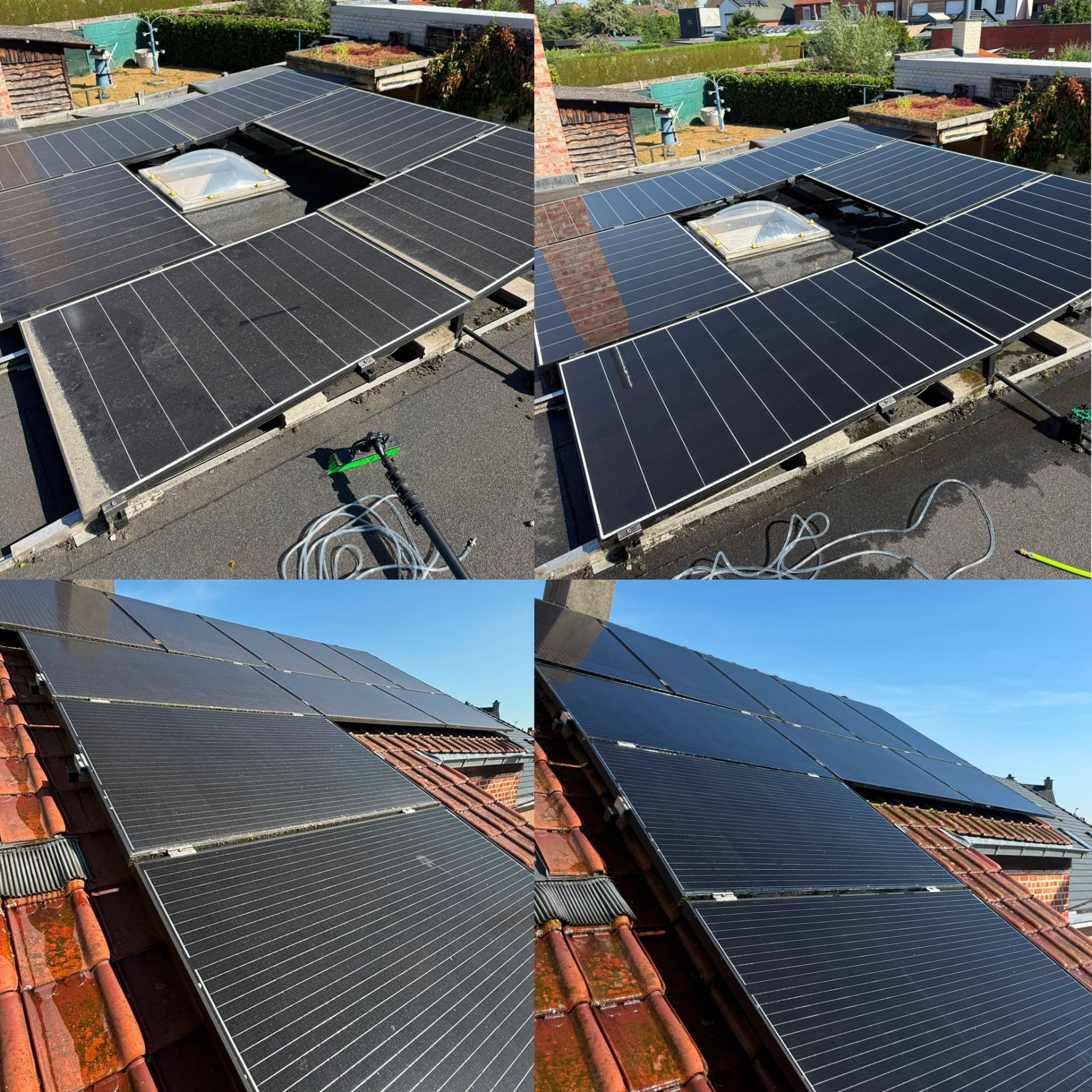 Collage: zonnepanelen voor en na de reiniging