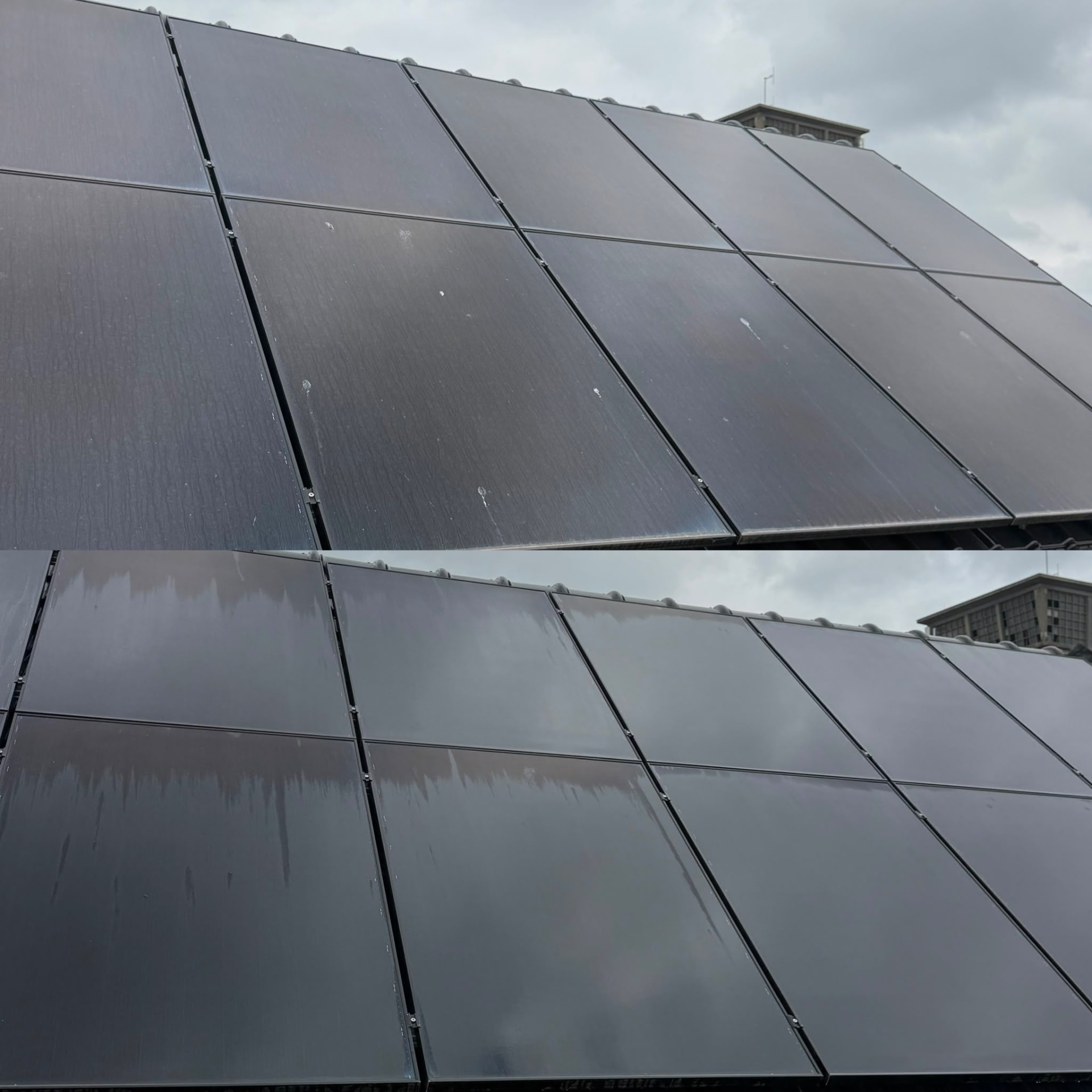 Zonnepanelen voor (boven) en na (onder) de reiniging